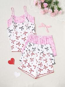 SHEIN 3-Pc Women's Spring/Summer Bow Print Camisole & Shorts Pajama Set - Multicolor - View 5