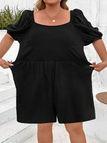 SHEIN CURVE+ 女式加大码黑色方领荷叶边泡泡袖褶皱后背连体衣，宽松版型，夏季 - 黑色 - 查看 10