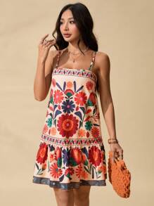 SHEIN PETITE 逼真印花吊带 A 字下摆连衣裙，适合海滩、海滨度假，适合夏季 - 彩色 - 查看 5