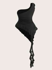 SHEIN EZwear Plus Size Women's Black Ruffled Sleeveless Floral Decor Blouse Tops For Camping