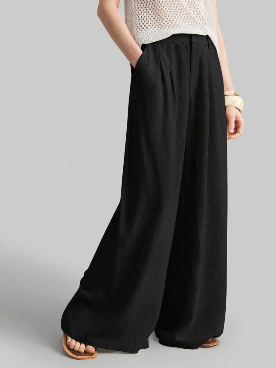 Ontre Women's Casual Loose Pleated Waist Wide Leg Pants, Suitable For Urban Commute, Business Casual, Office Wear, Teacher , Elegant Style, Valentine's Day, Summer, Beach, Bohemian - Black - View 1