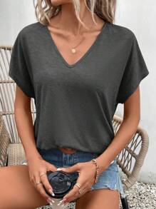 SHEIN Frenchy Camiseta informal de mujer de unicolor con cuello en V y mangas tipo murciélago - Gris Oscuro - Ver 5