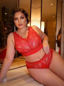 SHEIN 2 Stück Set aus Große Größen Spitzen-Panel BH ohne Bügel und Slip - Rot - Übersicht 5