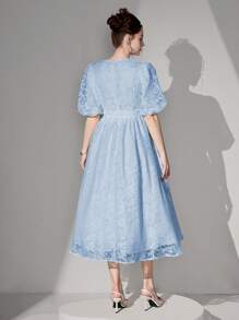 Poshira Batik Print Cross V-Neck Cinched Waist Midi A-Line Dress For Women
