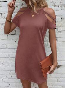 SHEIN LUNE 夏季纯色露肩休闲连衣裙新年衣服 - 藕粉色 - 查看 6