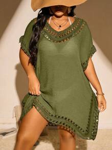Swim Basics Plus Size Women Loose Knitted Solid Color Beach Cover Up For Summer Beach Vacation - Army Green - View 1