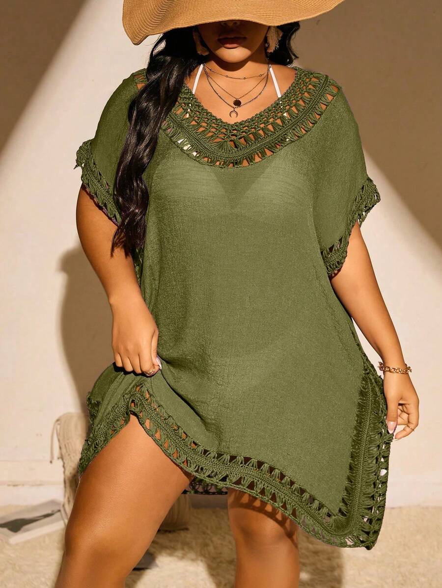 Swim Basics Plus Size Women Loose Knitted Solid Color Beach Cover Up For Summer Beach Vacation - Army Green - View 1