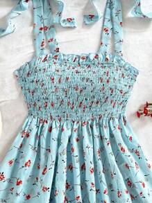 SHEIN WYWH Women Summer Vacation Blue Allover Floral Print Tie Shoulder Ruffle Hem Peplum Cute Lunch Casual Back To School Top