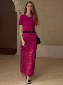 MOTF PREMIUM 3-IN-1 CONTRAST LACE BELTED MID-LENGTH DRESS - Burgundy - View 4