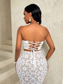 BamGleam 白色镂空水溶性钩环绑带露肩上衣 - 白色 - 查看 2