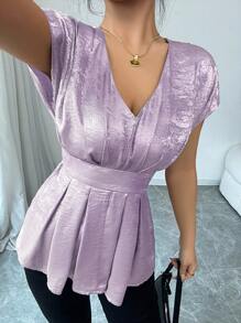 Selianne Blusa elegante de estilo francés con cuello en V, hombros fruncidos y plisados, y mangas abullonadas, con detalles dorados, para uso en la oficina - Púrpura malva - Ver 7
