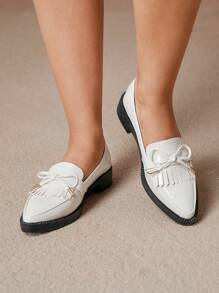 CUCCOO CURVES Plus Size Wide Fit Wedge Thick Bottom Shoes, Pointed Toe Solid Color High Vamp Fringe Shoes, British Style Women Shoes - White - View 3
