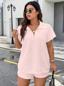 Calvaya 2pcs Plus Size Women Solid Color Zipper Partial Placket Short Sleeve Top And Shorts Casual Set - Pink - View 4