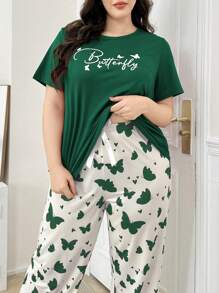 2pcs Butterfly & Letter Print Short Sleeve Pajama Set For Plus Size Women - Dark Green - View 3