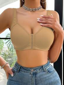 女士前扣纯色衬垫胸罩 - 卡其色 - 查看 3