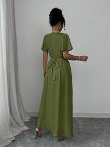 Elenzga Vestido largo de satén color champán con diseño de cuello drapeado, ajuste en la cintura y lazo en la espalda, adecuado para el Día de San Valentín y la temporada de bodas