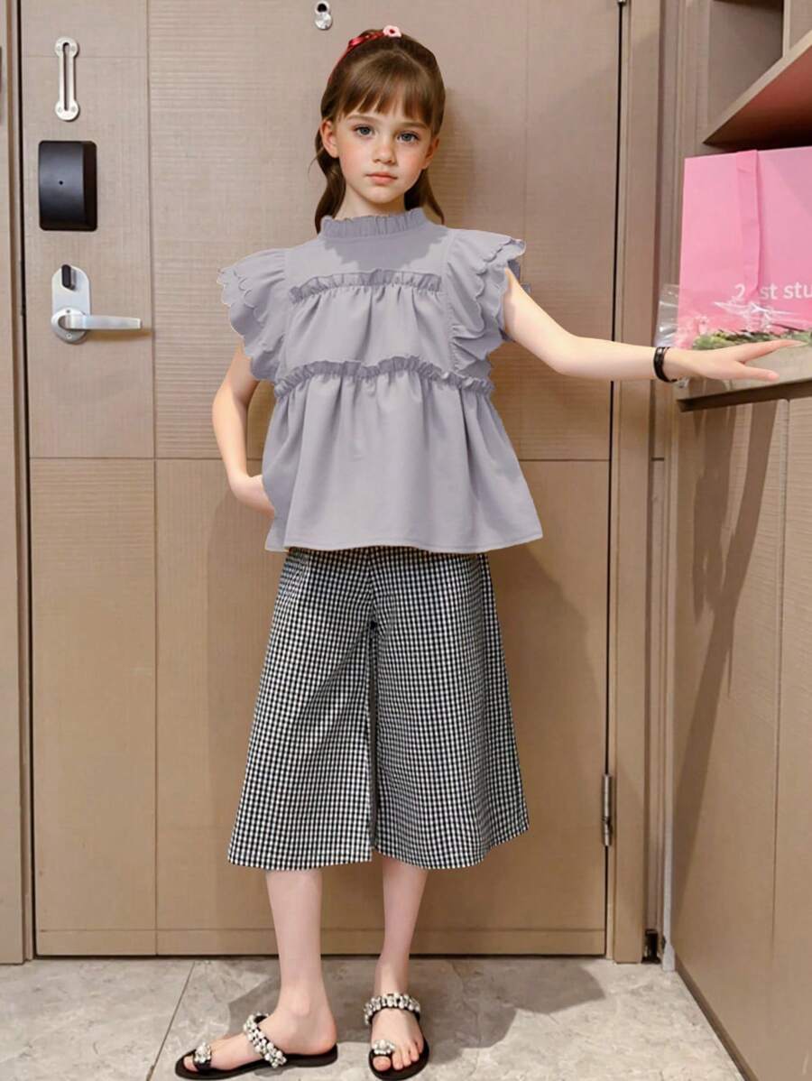 SHEIN 2 件套 Tween Girl 新款格子盖袖衬衫和裤子套装, - 灰色 - 查看 1