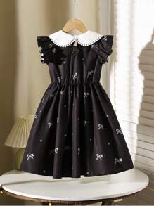 Girl's Bow Print Peter Pan Collar Cap Sleeve A-Line Dress