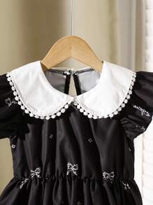 Girl's Bow Print Peter Pan Collar Cap Sleeve A-Line Dress