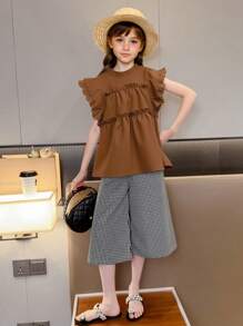 SHEIN 2pcs/Set Tween Girl Cap Sleeve Shirt & Plaid Pants Set,