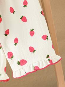 2pcs Baby Girls' Casual Cute Woven Digital Print Strawberry Pattern Shirt With Collar Ruffle And Matching Strawberry Print Shorts Comfy Pajama Set - White - View 4