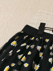 Flirla Plus Size Women's Delicate Daisy Print Black Mesh Maxi Skirt With Elastic Waist, Appropriate For Spring, Summer, Casual, Office, Date, Elegant - Black - View 4