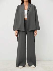 SHEIN Tall Elegant & Casual Vacation/Commute Women Collar Tie Waist Loose Shacket With High Waist Soft Pants, Suitable For Autumn & Summer - Grey - View 5