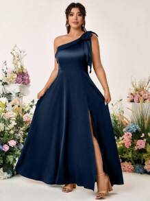 Allurite Plus Size Asymmetric Shoulder Sleeveless Bow Solid Satin A-Line Split Ankle-Length Party Dress - Navy Blue - View 3