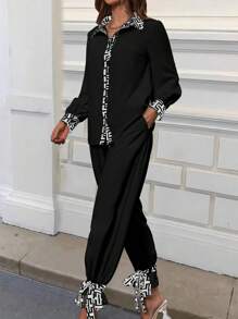 SHEIN LUNE 2 件套女士印花拼布纽扣系带设计 - 黑色 - 查看 4