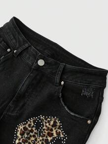 ROMWE Jeans pitillo con talla grande, con parche de estampado de leopardo, bordado de cruz y adornos de strass en estilo Y2K