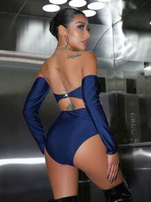 Swim EVENT 女士性感连体泳衣，金属装饰露肩设计，夏季 - 藏蓝色 - 查看 2