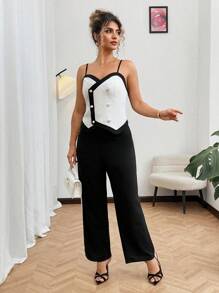 Franclia Plus Size Women Black & White Contrast Color Splice Sleeveless Jumpsuit, Elegant Office & Casual Outfit, Summer