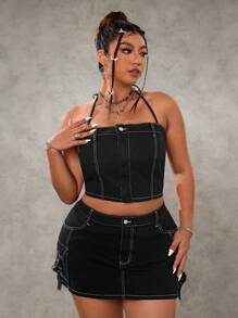 SHEIN ICON Plus Size Distressed Tie-Up Halter Denim Blouse - Black - View 5