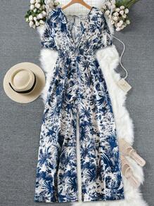 SHEIN LUNE Women's Loose Bubble Sleeve V-Neck Jumpsuit, High Waist Slimming Celadon Print Straight Leg Wide Leg Overall - Blue and White - View 2