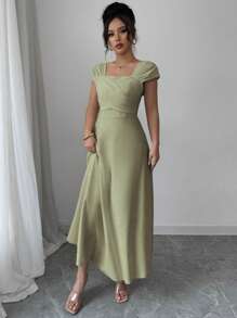 Modelyn Vestido de mujer de unicolor con cuello cuadrado y manga corta, estilo minimalista para el verano - Verde - Ver 4
