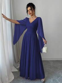 Elenzga Vestido elegante y romántico para mujer con cuello en V, manga larga y cordón en la cintura