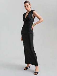 Ontre Đầm Maxi Cổ Chữ V Không Tay Thanh Lịch Mới 2025 Cho Nữ, Trang Phục Thời Trang Xuân/Hè - màu đen - Xem 6