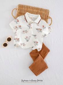 Cozy Pixies 2pcs Baby Boy Cartoon Animal Print Polo Collar Short Sleeve Pullover Top And Elastic Waist Pants Set