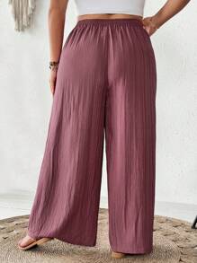 SHEIN CURVE+ 大码女装新款春夏商务休闲女士沙滩装，时尚通勤优雅阔腿裤，带口袋，海滩度假装 - 中紫紅色 - 查看 2