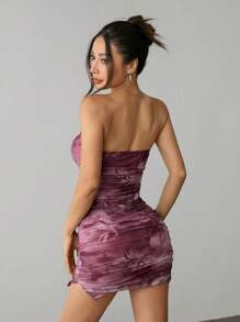 SHEIN PETITE Đầm dự tiệc Bandeau in lưới Sfumato dành cho nữ - Màu tím - Xem 2