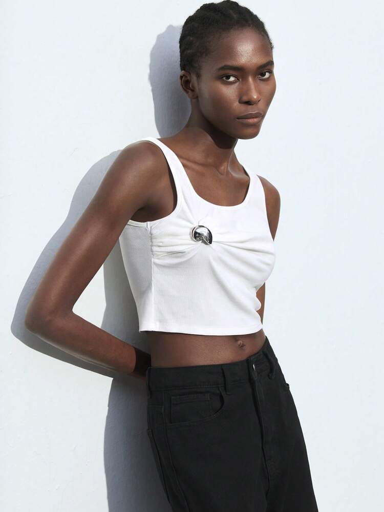 SHEIN Maija 2025년 여름 새로운 패션 우아한 웨딩 게스트, 브런치, 공항 캐주얼, 보헤미안 휴가, 음악 페스티벌, 부활절, 졸업 시즌 일상 착용 레이디스 티셔츠 금속 장식 버튼 디자인