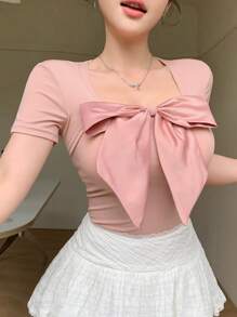 DAZY Áo thun ngắn tay ôm dáng cổ vuông, đính nơ, gợi cảm dành cho nữ, thích hợp cho mùa hè, ngày Valentine. - Hồng - Xem 4