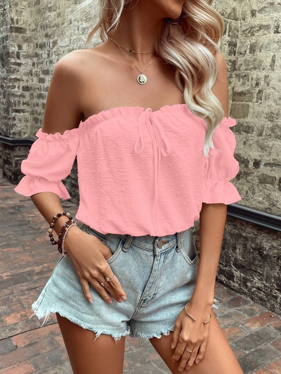 Breezaya Chemise casual à manches courtes avec épaules dénudées, volants et nœud, de couleur unie