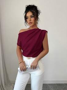 Elenzga Blusa de mujer con cuello asimétrico y plisada, de unicolor