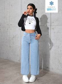 SHEIN PETITE Casual Washed Minimalist High Waist Straight-Leg Jeans - Blue - View 1