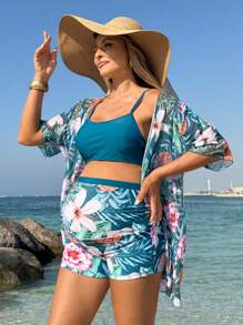 SHEIN 2pcs Maternity Blue Camisole Top And Floral Print Shorts Tankini Set With Swimsuit Coverup For Summer Beach Vacation - Multicolor - View 6
