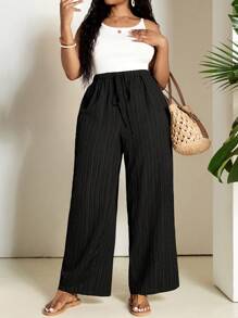 SHEIN PETITE CURVE 大码女式黑色梭织宽松长裤