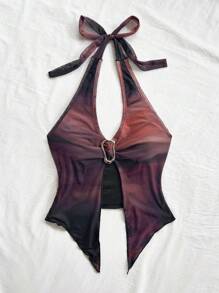 Soleia 女士复古扎染印花露背系带金属扣合身不对称下摆荷叶边下摆背心，适合度假、约会、派对、海滩、音乐节 - 彩色 - 查看 4