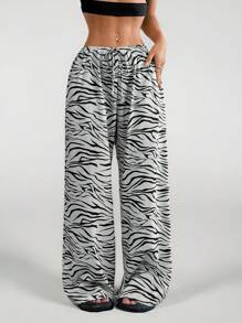 SHEIN Tall Women's Summer Casual Wide-Legged Pants With Zebra Print - Light Grey - View 1
