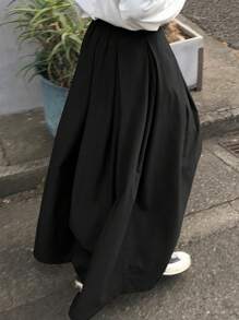 FRIFUL Women's Khaki High Waist Pleat Design Skirt - Black - View 2